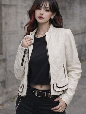 Cleo Faux Leather Jacket White Peplum Moto Style Size Large Edgy Chic